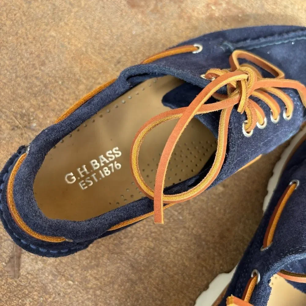 G. H. Bass Men's Ranger Camp Moc Suede Super Lug Navy Blue Boat Shoes Size 8 NEW